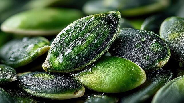 Close-up of glossy, water-droplet-covered, green and black seeds, perfect for culinary purposes