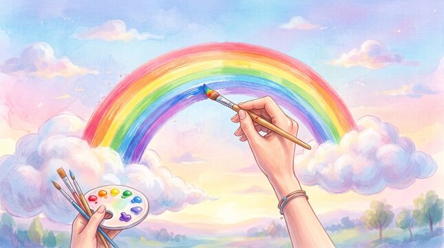 Child hands painting vibrant rainbow in sky with colorful brushes and watercolors
