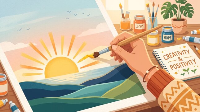 Hand painting vibrant ocean sunrise on canvas with tropical vacation theme and art supplies