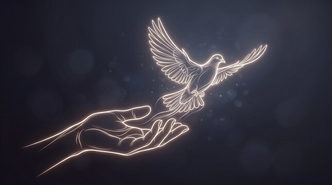 Hand releasing glowing white dove into dark night sky symbolizing peace and freedom