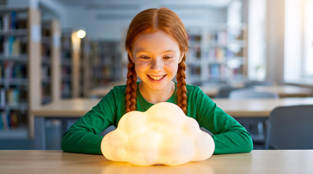 Young girl smiling at camera in library with glowing cloud lamp on desk. Education, children s room, reading, study, lighting.