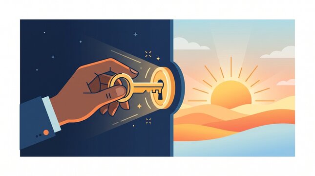 Hand turning golden key unlocking vibrant sunrise over horizon for new beginnings concept