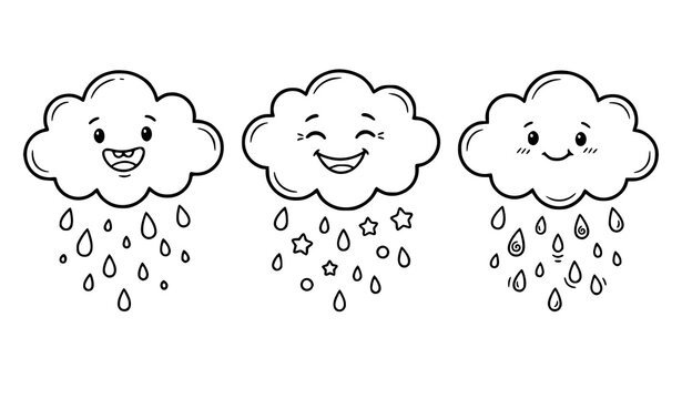 Cute Cartoon Rain Cloud Character Set with Smiling Faces, Raindrops, Stars, and Decorative Elements for Kids Coloring Pages