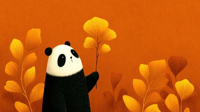 Adorable panda with black and white fur holding yellow leaves against orange background