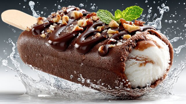 Delicious Chocolate Covered Ice Cream Bar with Nuts and Mint Splash.