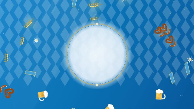 Minimalist Bavarian Oktoberfest background with blue diamond lozenge pattern, central white circular frame, and illustrated floating pretzels, beer mugs, wheat stalks, and edelweiss.