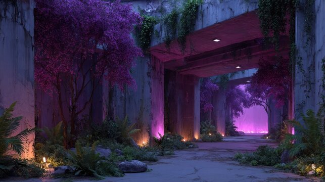 A mystical tunnel framed by aged concrete walls, lit with vibrant hues and overgrown flora