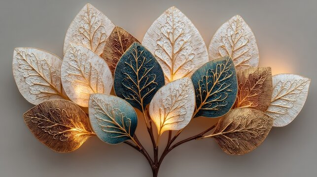 Decorative art piece featuring stylized, textured leaves with gold accents, radiating light