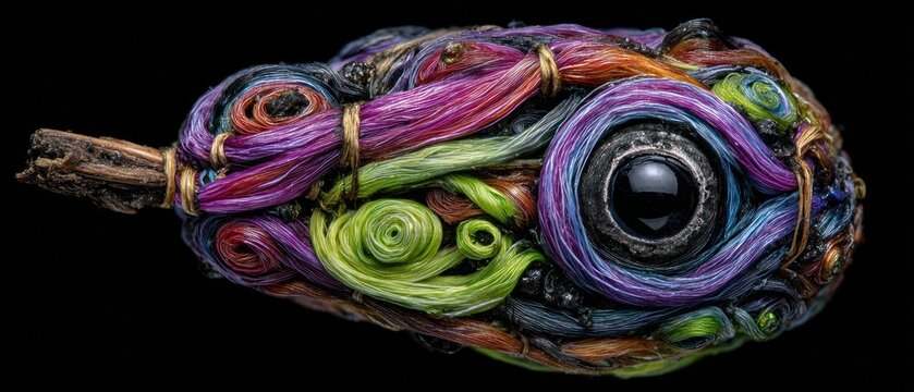 A detailed colorful eye sculpture made of intertwined fibers, with a dark background and a wooden stem