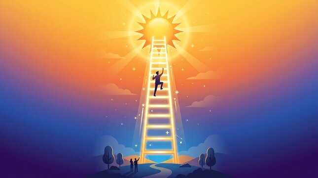 Silhouetted figures climb glowing ladder toward radiant sunrise in mystical sky