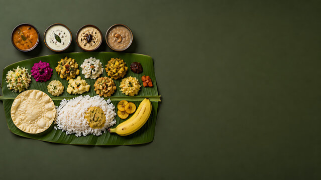 Authentic colorful sadhya meal spread on banana leaf with green background for happy onam an incredibly delicious south indian festival in kerala