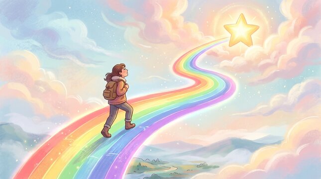 Woman climbs vibrant rainbow bridge over dreamy sky at sunrise for adventure journey