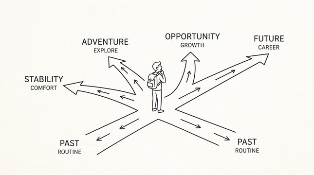Business professional choosing career path at futuristic crossroads with growth direction arrows