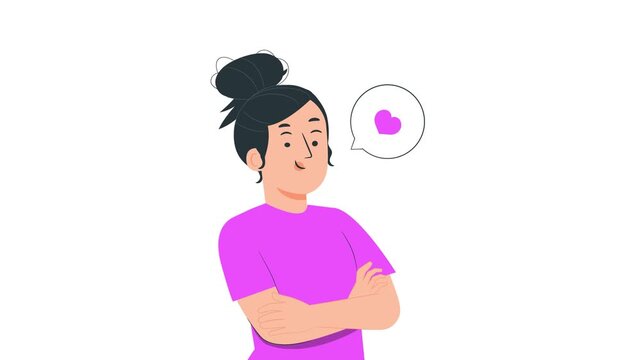 2D vector animation of a happy young woman with crossed arms and a heart speech bubble