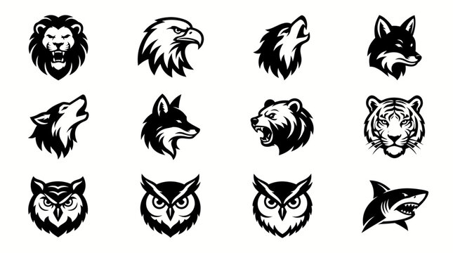 Wild Animal Mascot Icon Collection, Bold Black and White Vector Emblem Set Featuring Lion, Eagle, Wolf, Fox, Bear, Tiger, Owl and Shark for Sports Teams, Outdoor Brands, Esports, Adventure Businesses,