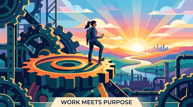 Professional woman standing on giant industrial gear at sunrise symbolizing career ambition and purpose