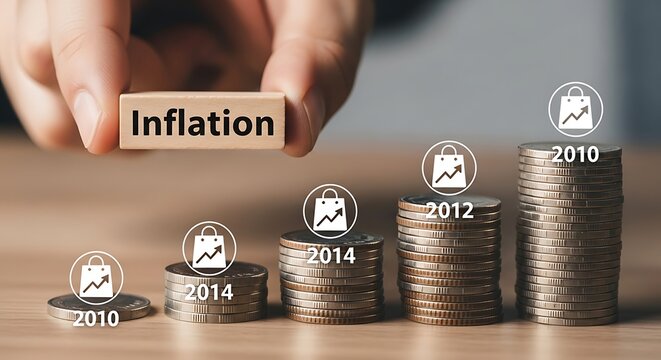 Inflation economic concept with hand holding wooden block. Rising cost of living shown by coin stacks and shopping icons. Financial growth and price increase.