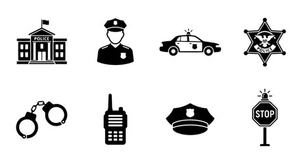 Police Icons Set: Law Enforcement Symbols, Sheriff Badge, Patrol Car, Handcuffs, Station © oshim