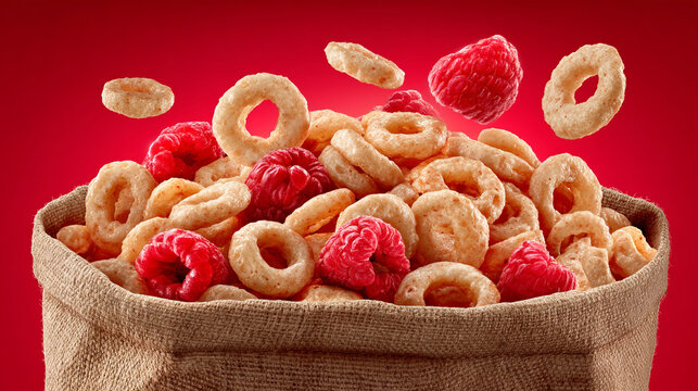 Cereal rings and raspberries in a burlap bag with breakfast raspberry delicious