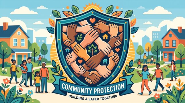 Diverse community protection team holding hands around shield emblem in sunny neighborhood