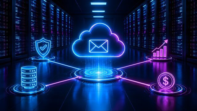 Glowing cloud computing network hologram with secure email, data analytics, and financial icons in server room