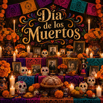 Traditional Mexican Dia de los Muertos Altar with Skulls and Marigolds