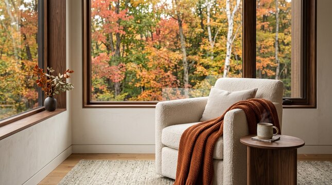 Cozy reading nook with large windows overlooking vibrant autumn foliage and forest