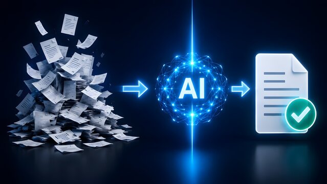 Artificial intelligence processing messy paper documents into organized digital files for automated data management and workflow efficiency