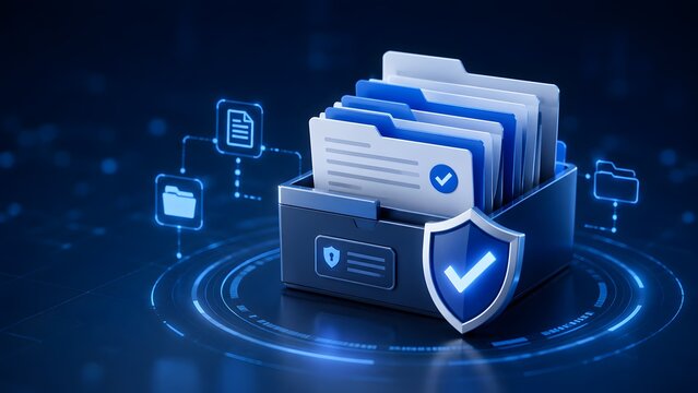 Document drawer with file folders and glowing shield checkmark. Concept of database network management, information security, and digital archiving.