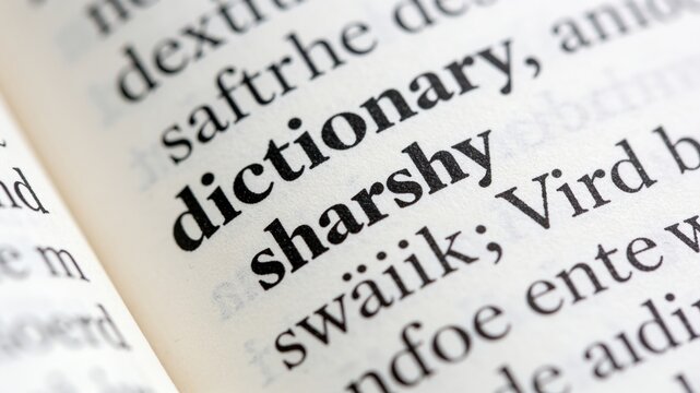 Close-up macro shot of an open dictionary page with the word 'dictionary' highlighted in focus amidst other blurred text, representing education and language.