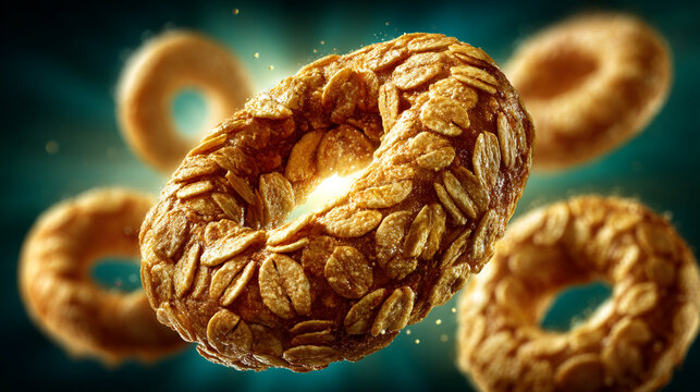 Floating oat breakfast cereal rings on dark background with breakfast, nutrition