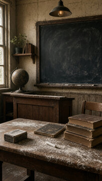 Vintage old school classroom with sunlight shining through chalk dust particles