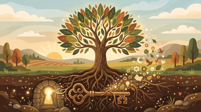 Ancient tree roots forming a glowing golden key in mystical sunrise landscape with fantasy elements