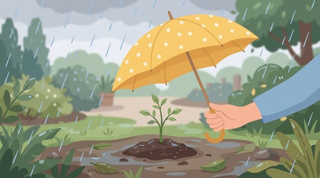 Hand holding yellow umbrella shielding tiny plant from rain in lush garden setting