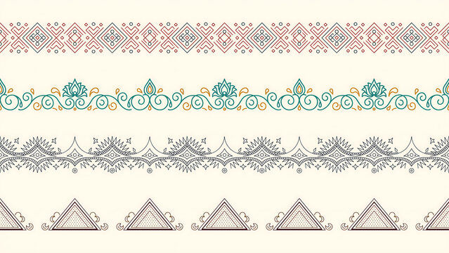 Four decorative borders with geometric and floral line patterns isolated on a transparent background