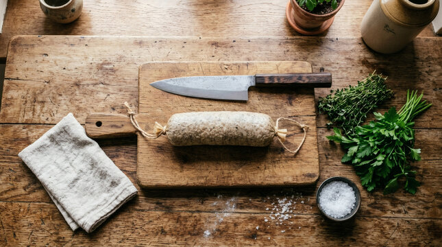White Pudding Sausage with Knife on Rustic Wooden Kitchen Board