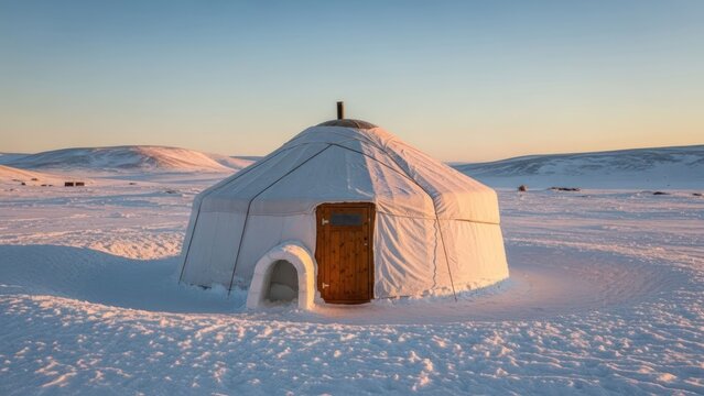 Nomadic yurt bathed in golden light on a vast, snowy, winter landscape