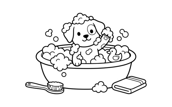 Small dog bathing in soapy water with rubber duck and brush in simple line drawing.