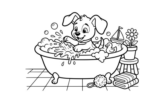 Cute puppy playing in bathtub with bubbles and water splash in black and white line art.