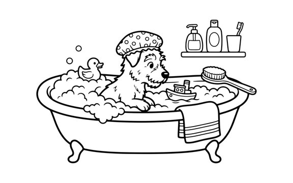 Cute dog taking a bath in a clawfoot tub with floating toy boat coloring page.