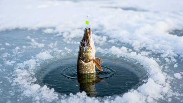 Northern pike pulled from ice hole with lure and water drop
