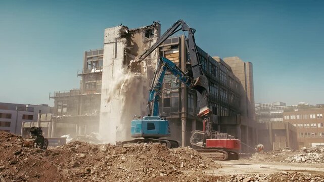Hydraulic demolition excavator professionally tearing down an old building on a construction site, with debris and dust falling down. No logos or faces.