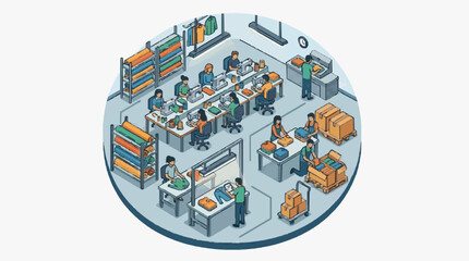 Fototapeta premium Dynamic Isometric of a Busy Clothing Manufacturing and Packaging Workspace with Employees with high quality professional line art symbols for modern creative design and digital branding projects