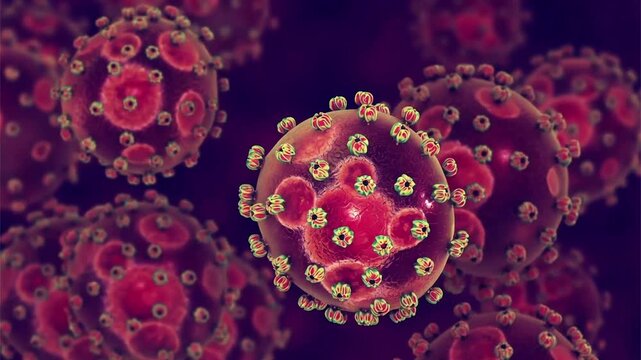 Lassa virus particles, 3D animation illustrating a viral haemorrhagic fever pathogen causing severe systemic illness and outbreaks in West Africa, transmitted via rodent reservoirs.
