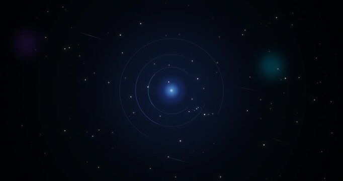 Glowing Blue Core with Concentric Orbit Rings Animation, Abstract Sci-Fi Space Solar System Model, Planetary Trajectory Cosmic Motion Graphics