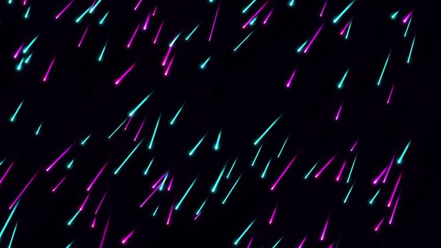 Neon Glowing Particle Rain Motion Graphics, Falling Cyan Magenta Light Streaks Loop, Abstract Cyberpunk Meteor Shower Starfall Black Background Video