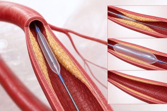 Balloon angioplasty opening blocked artery lumen