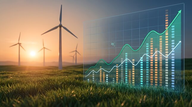 Floating holographic stock market graph over rural wind farm landscape during golden hour. Concept of renewable energy sector economic growth and sustainable financial forecasting.
