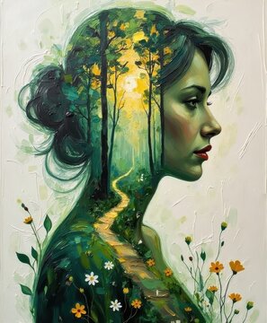 Artistic portrait of a woman with a forest landscape and pathway integrated into her silhouette