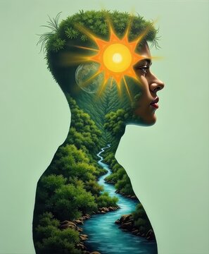 Artistic silhouette of woman with nature and sun integrated into her profile
